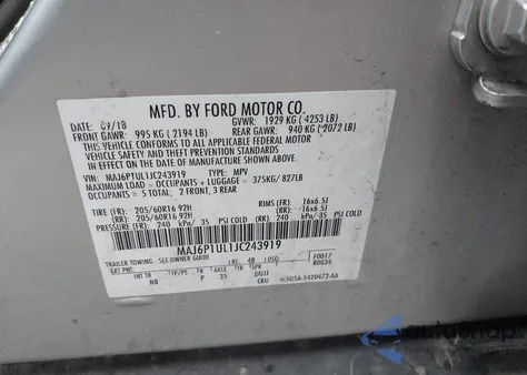 2018 Ford Ecosport Se z USA, uszkodzony, nr VIN MAJ6P1UL1JC243919